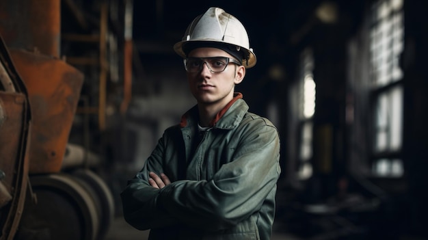 A man wearing a hard hat stands in a warehouse with a large yellow truck behind him.