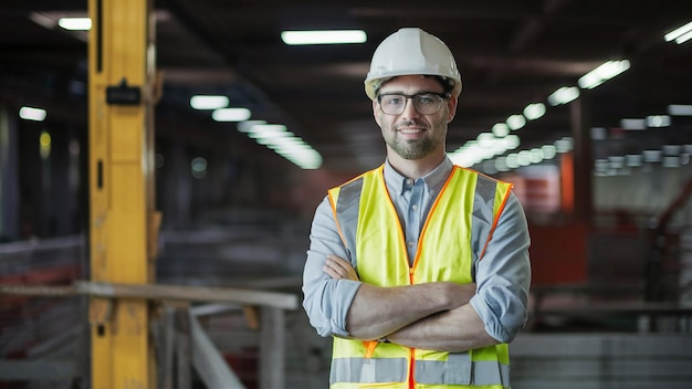 a man wearing a hard hat stands in a warehouse