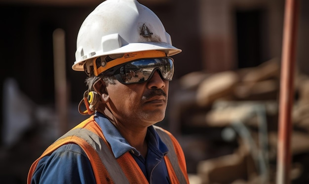 A man wearing a hard hat and sunglasses stands in front of a pile of wood.