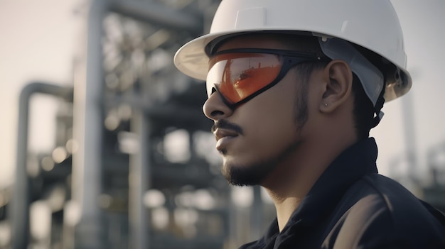 A man wearing a hard hat and sunglasses stands in front of a power plant.