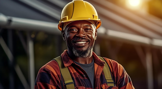 A man wearing a hard hat and a yellow hard hat stands in front of a building.