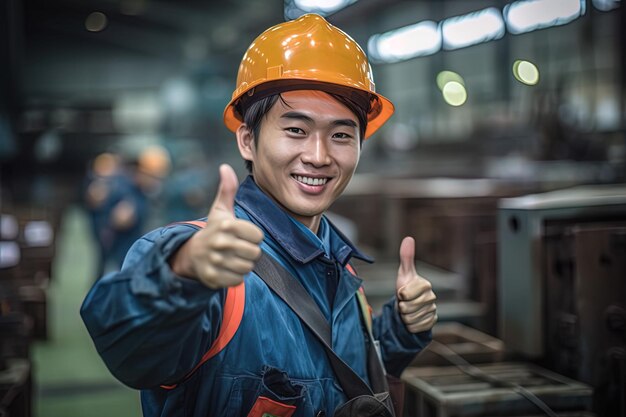 a man wearing a hard hat and a yellow helmet giving the thumbs up.