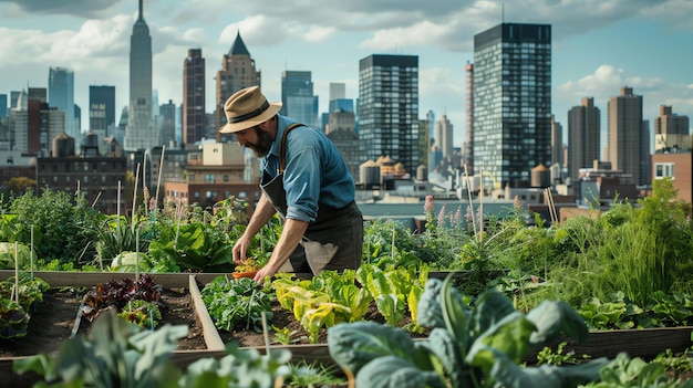 A man wearing a hat and apron is tending to a rooftop garden He is kneeling in a garden bed and is surrounded by lush green plants