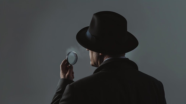 Photo a man wearing a hat and coat is holding a magnifying glass he is looking at something or someone the background is dark and out of focus