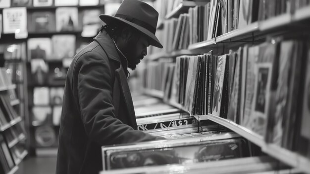 A man wearing a hat and coat is looking through records in a store He is focused on the records and seems to be enjoying his time