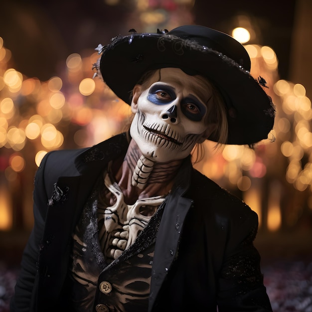 Man wearing hat day of the dead gothic costume