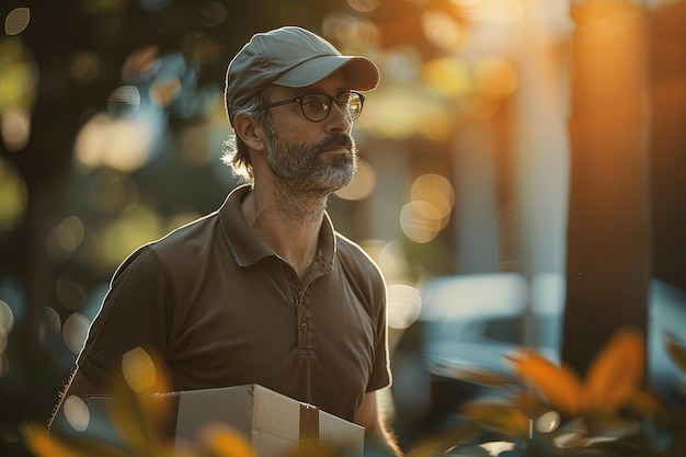 Man Wearing Hat and Glasses Carrying Box