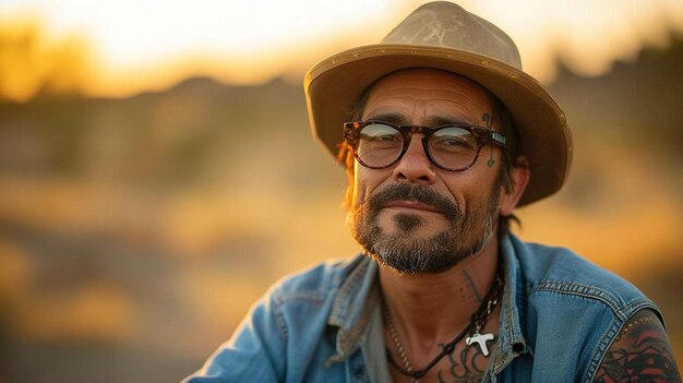 Photo a man wearing a hat and glasses in a field