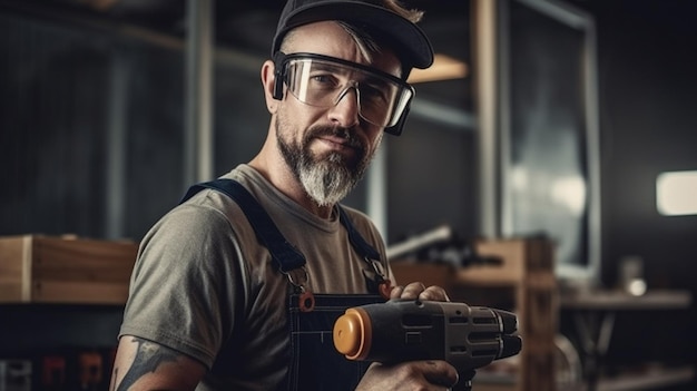 A man wearing a hat and glasses holds a drill in his hands.