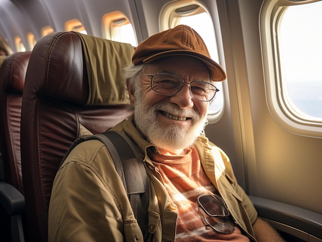 Foto un uomo che indossa un cappello e occhiali siede in un aereo.