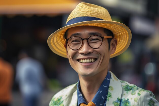  Premium AI Image | A man wearing a hat and glasses smiles at the camera.