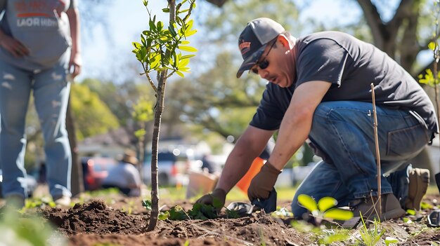 A man wearing a hat and gloves is planting a tree in the ground He is kneeling down and using his hands to put the tree in the hole