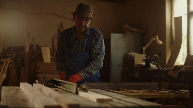 모자와 장갑을 낀 남자가 나무 조각을 작업하고 있습니다.