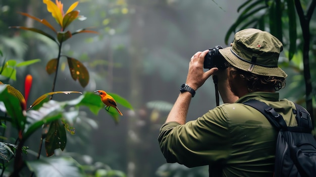 A man wearing a hat and a green shirt is taking a picture of a colorful bird in the rainforest The bird is perched on a branch in front of the man