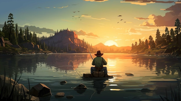 a man wearing a hat is fishing in the lake Generate AI