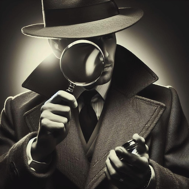 a man wearing a hat and a magnifying glass looking into a magnifying glass