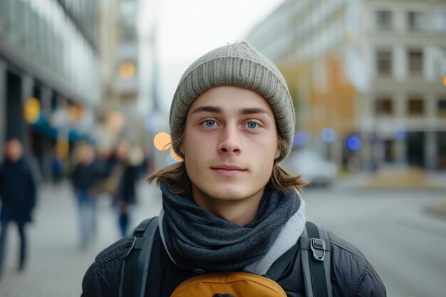 a man wearing a hat and scarf standing on a city street