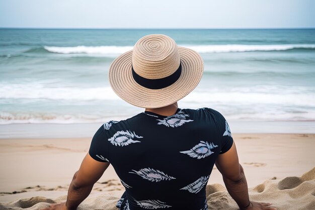 A man wearing a hat sits on a beach and looks at the ocean