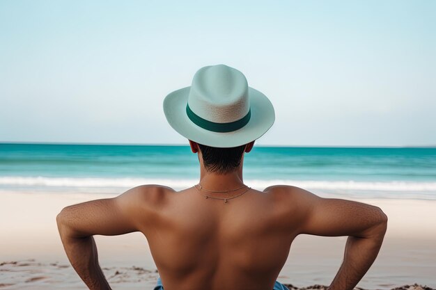 A man wearing a hat sits on a beach and looks out to sea