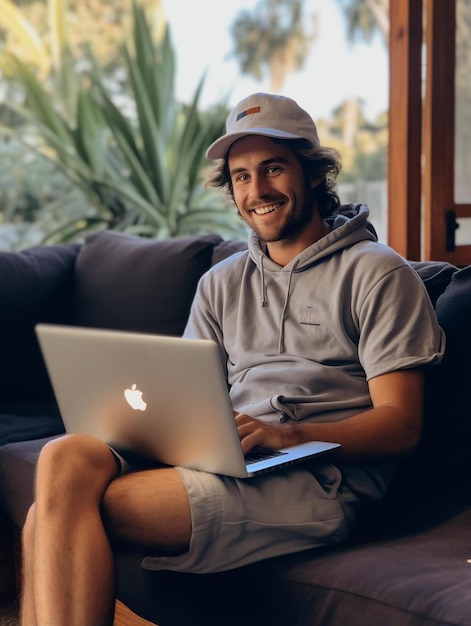 a man wearing a hat sits on a couch with a laptop.