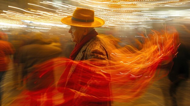 Foto un uomo che indossa un cappello e sta in piedi di fronte alla gente ai