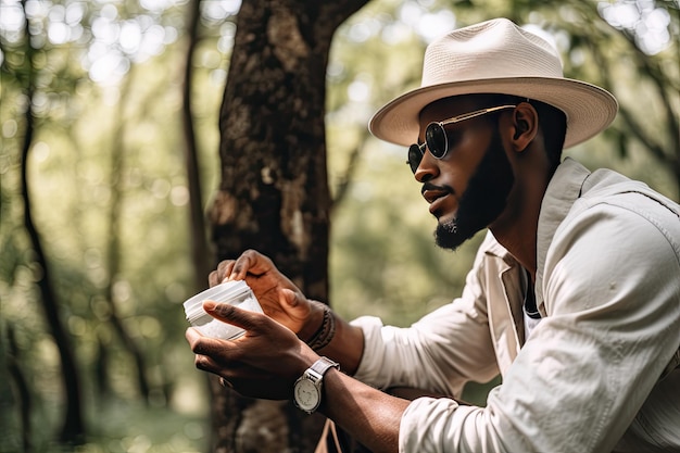 A man wearing a hat and sunglasses holding a cup Generative Ai