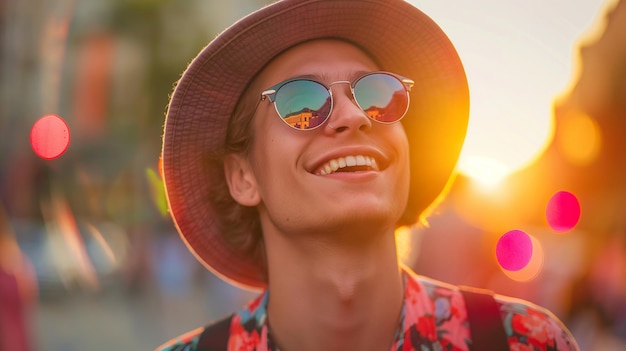 Photo a man wearing a hat and sunglasses smiles at the camera