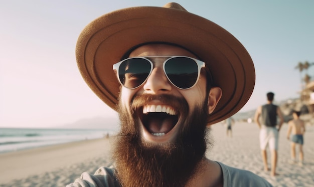 A man wearing a hat and sunglasses smiles at the camera.