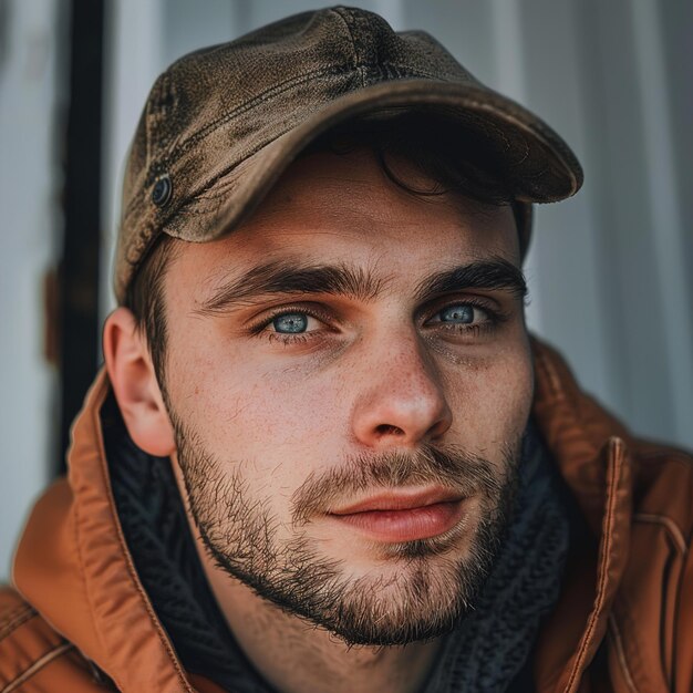 Photo a man wearing a hat that says  he is wearing a brown hat