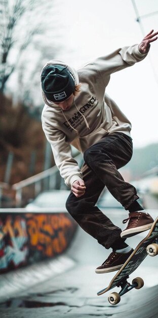 a man wearing a hat that says quot skateboarding quot on the side of a ramp