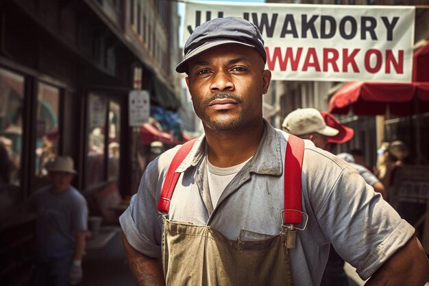 A man wearing a hat and vest stands in front of a sign that says " hobo ".