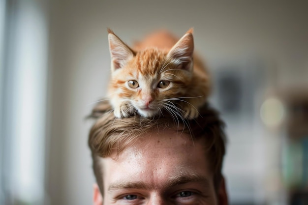 Мужчина в шляпе с кошкой на голове причудливый и приятный кошачий стиль
