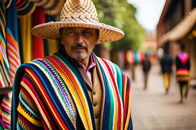 A man wearing a hat with a colorful scarf on it