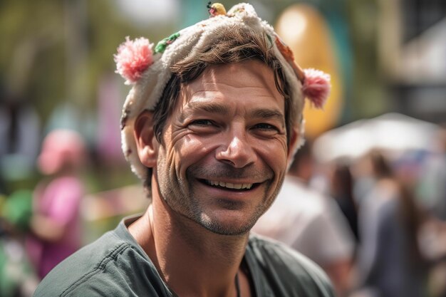 A man wearing a hat with flowers on it