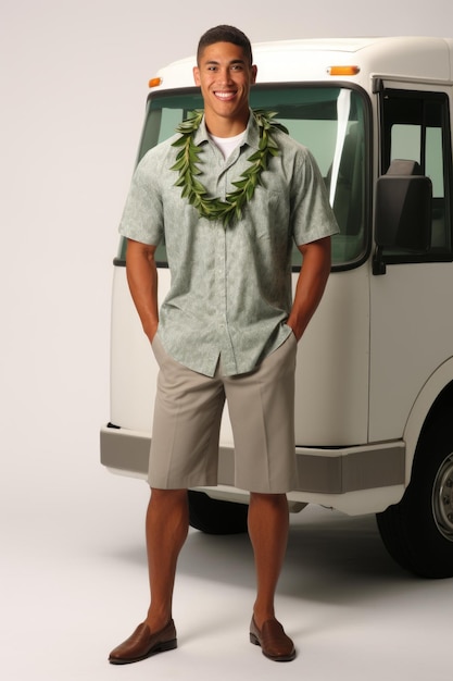 Foto un uomo che indossa una camicia hawaiana, pantaloncini e un fiore lei si trova di fronte a un furgone bianco