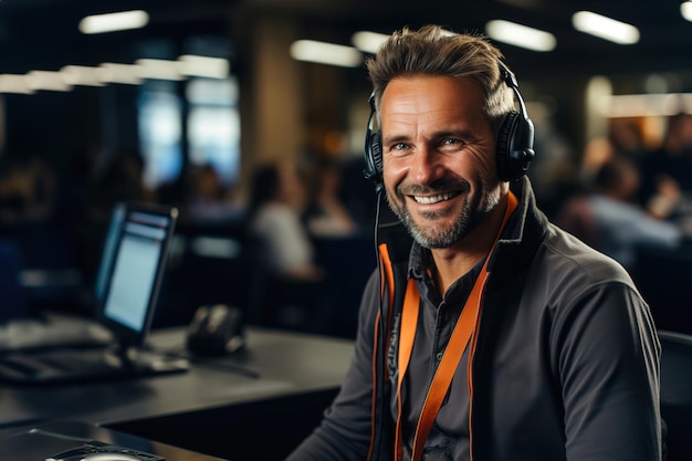 Man wearing headphones in a call center office