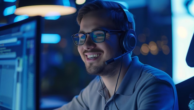 Man wearing headphones at computer