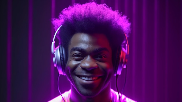 A man wearing headphones in front of a purple light.