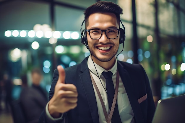 Man wearing headphones giving the thumbs up sign with smile on his face Generative AI