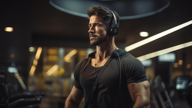 Man Wearing Headphones in Gym