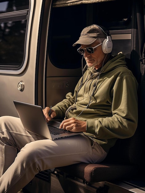 a man wearing headphones and a hat sits in a train with a laptop.