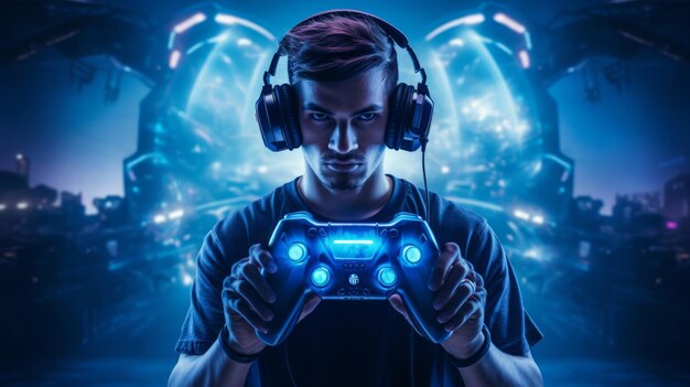 Photo a man wearing headphones and holding a game controller