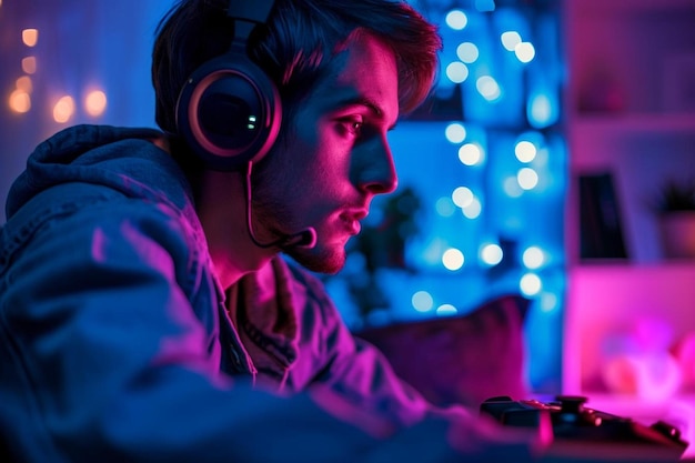 a man wearing headphones is using a computer