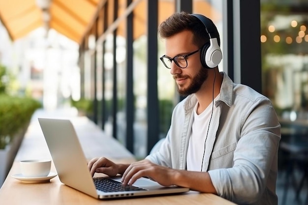 a man wearing headphones is using a laptop and wearing headphones