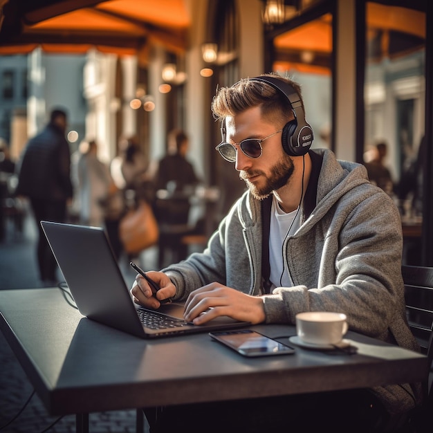 a man wearing headphones and a laptop with a coffee cup in the background