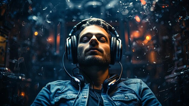 A Man Wearing Headphones and Listening to Music