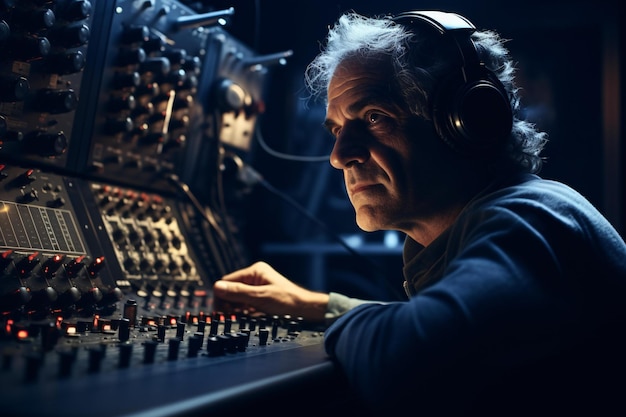 Photo a man wearing headphones looking at a soundboard