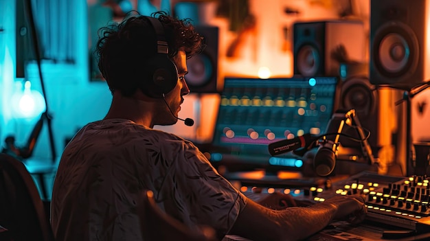 Man Wearing Headphones at Mixing Desk Music Studio