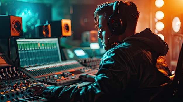 Man Wearing Headphones at Mixing Desk Music Studio