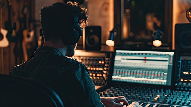 Photo man wearing headphones at mixing desk music studio